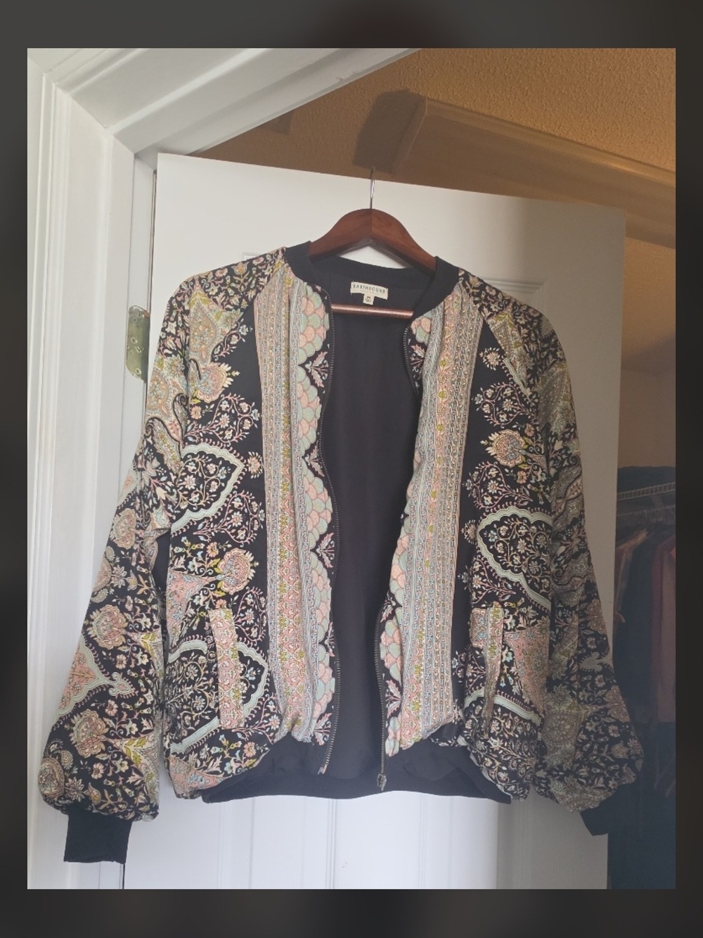 Earthbound Trading Co. Boho Paisley & Floral Print Bomber Jacket